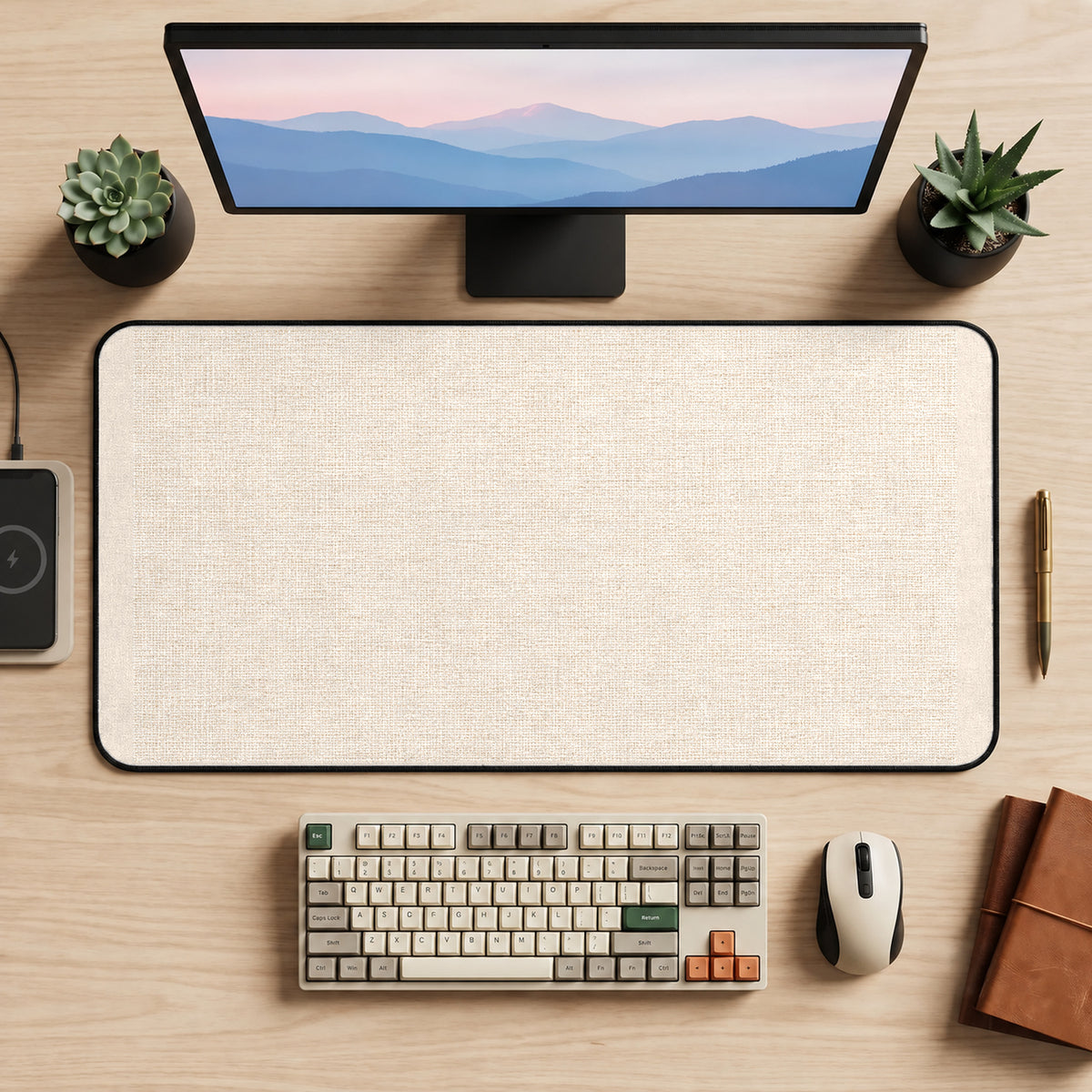 Beige Woven Look Texture desk mat — product mockup 2