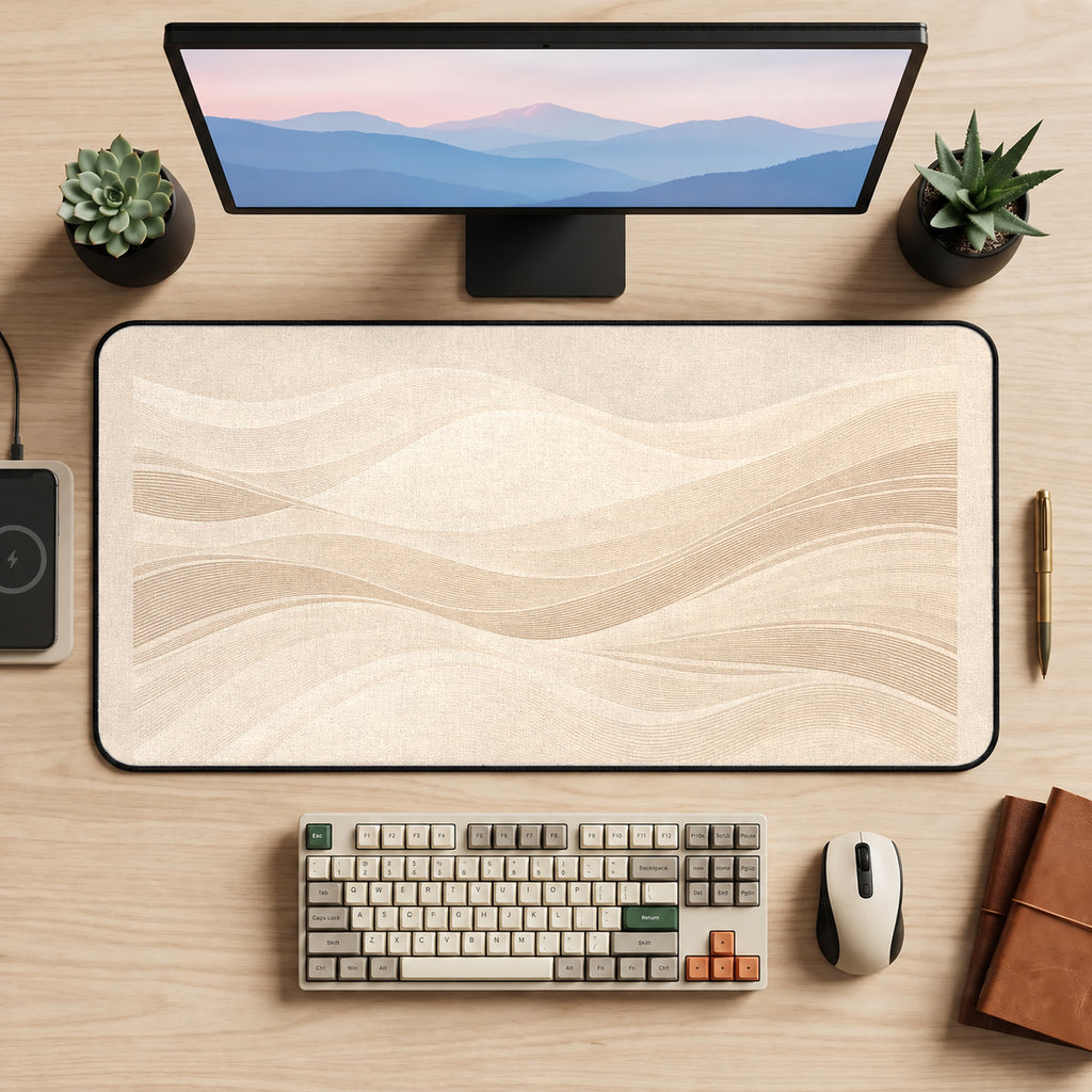 Soft Beige Flowing Waves desk mat — product mockup 2