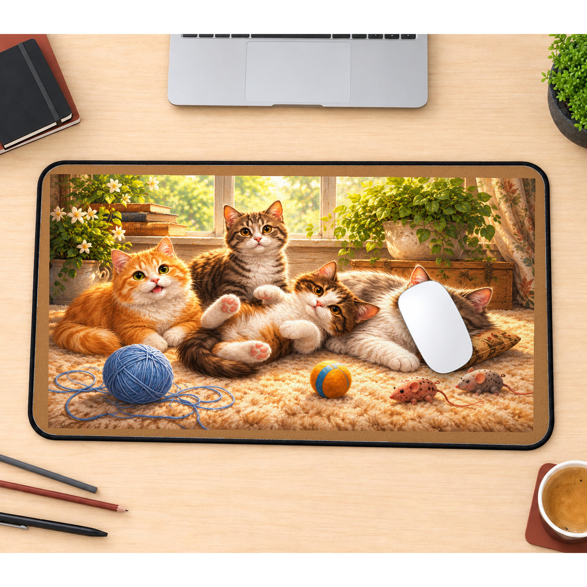 Playful Kittens and Yarn desk mat — product mockup 1