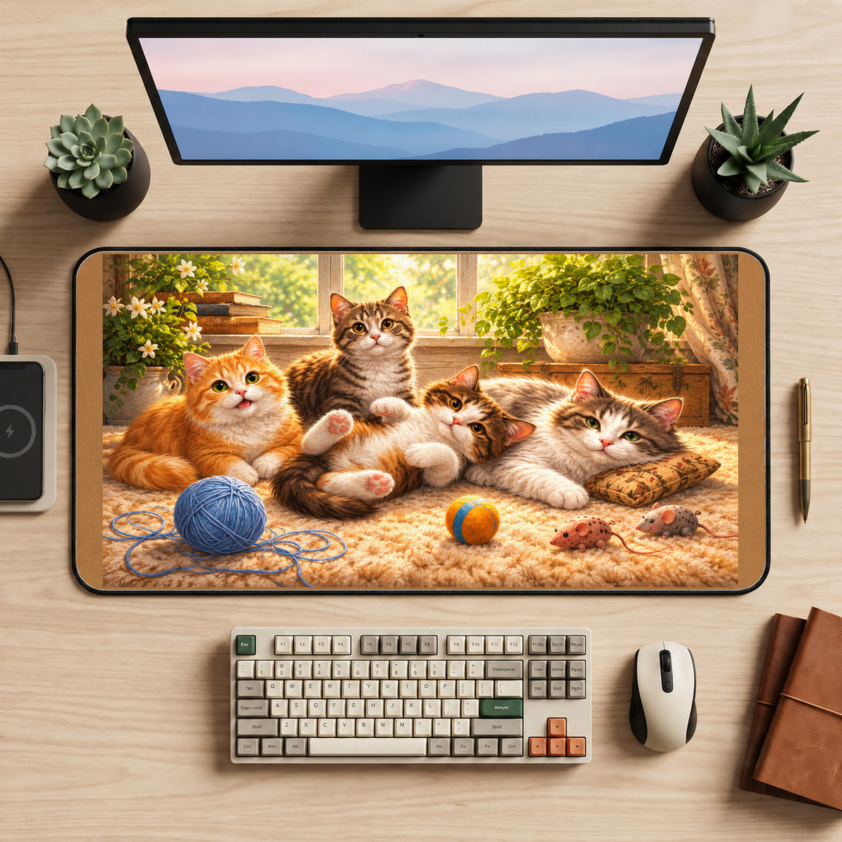 Playful Kittens and Yarn desk mat — product mockup 2