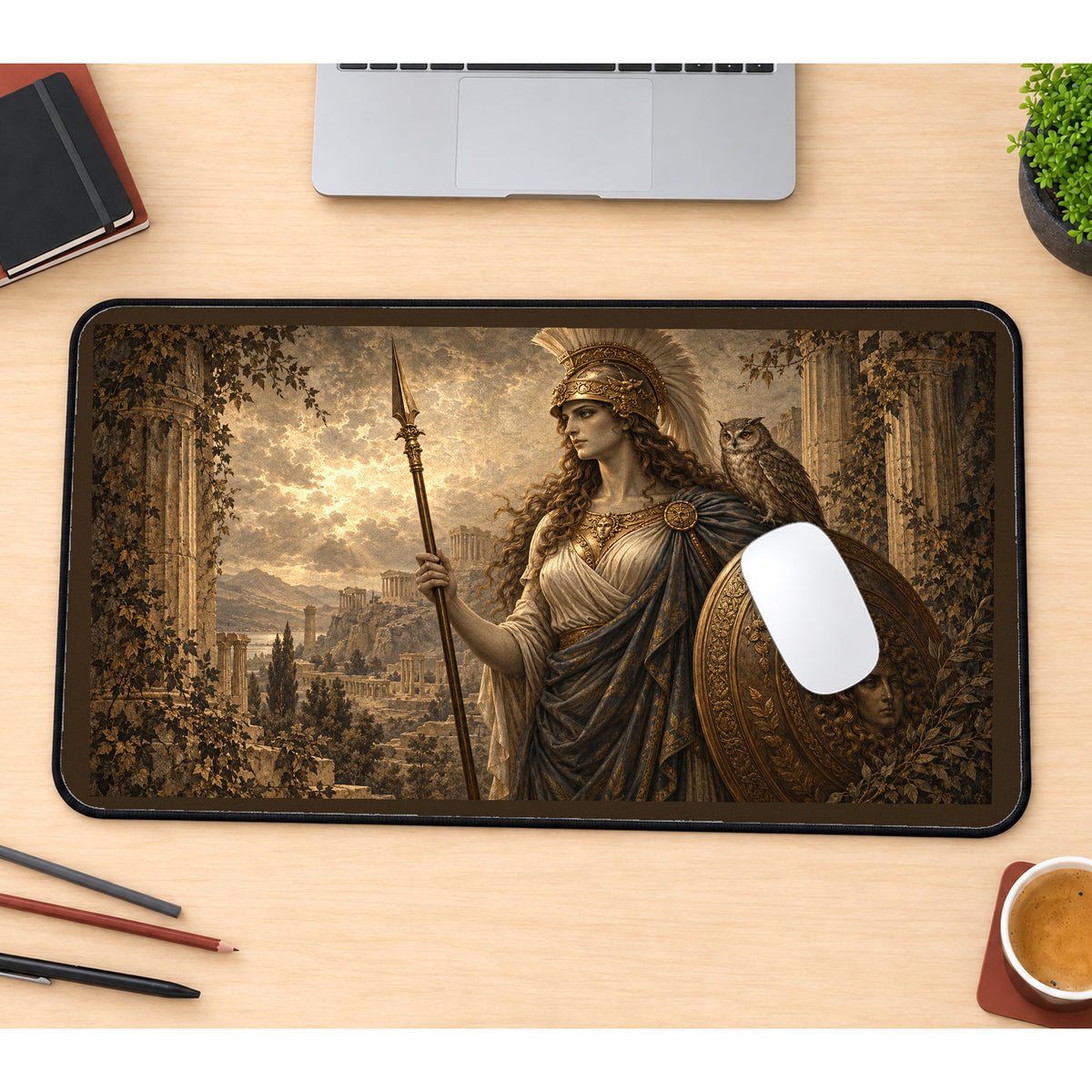 Athena with Owl and Shield desk mat — product mockup 1