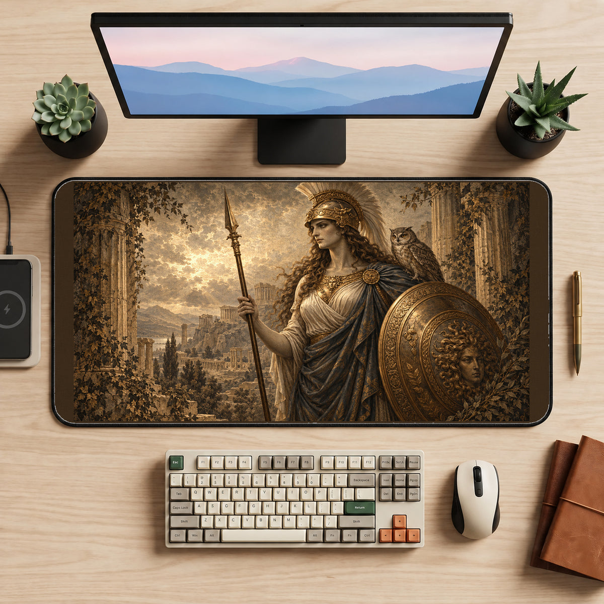 Athena with Owl and Shield desk mat — product mockup 2