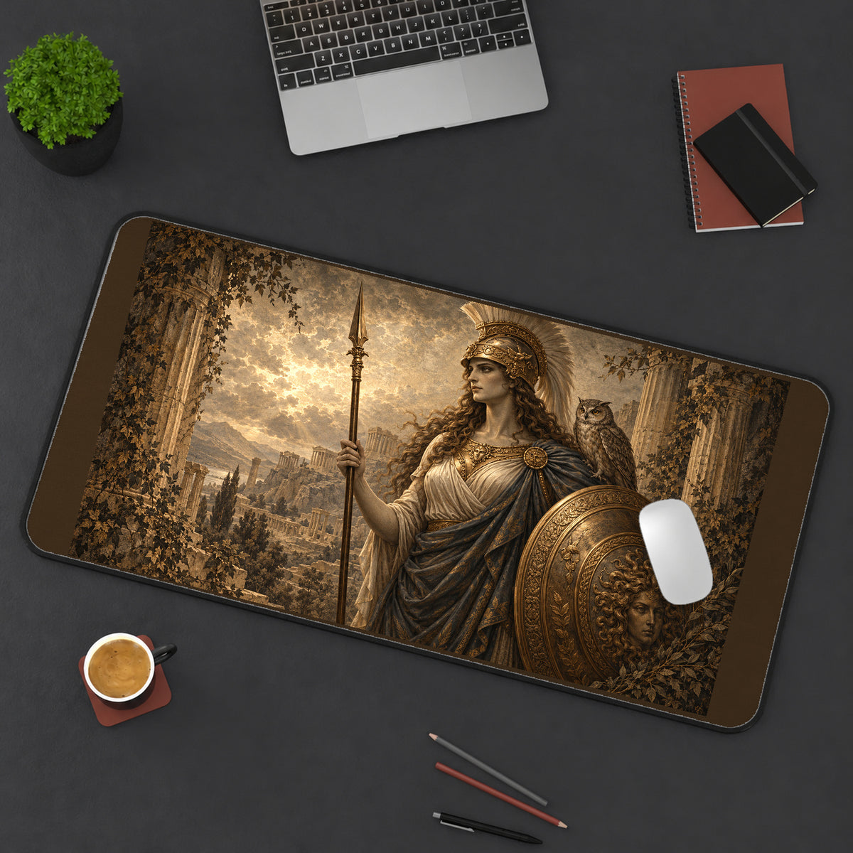 Athena with Owl and Shield desk mat — product mockup 3