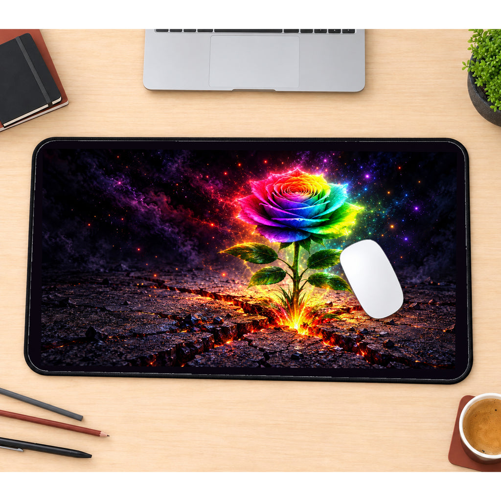 Glowing Rainbow Rose desk mat — product mockup 1