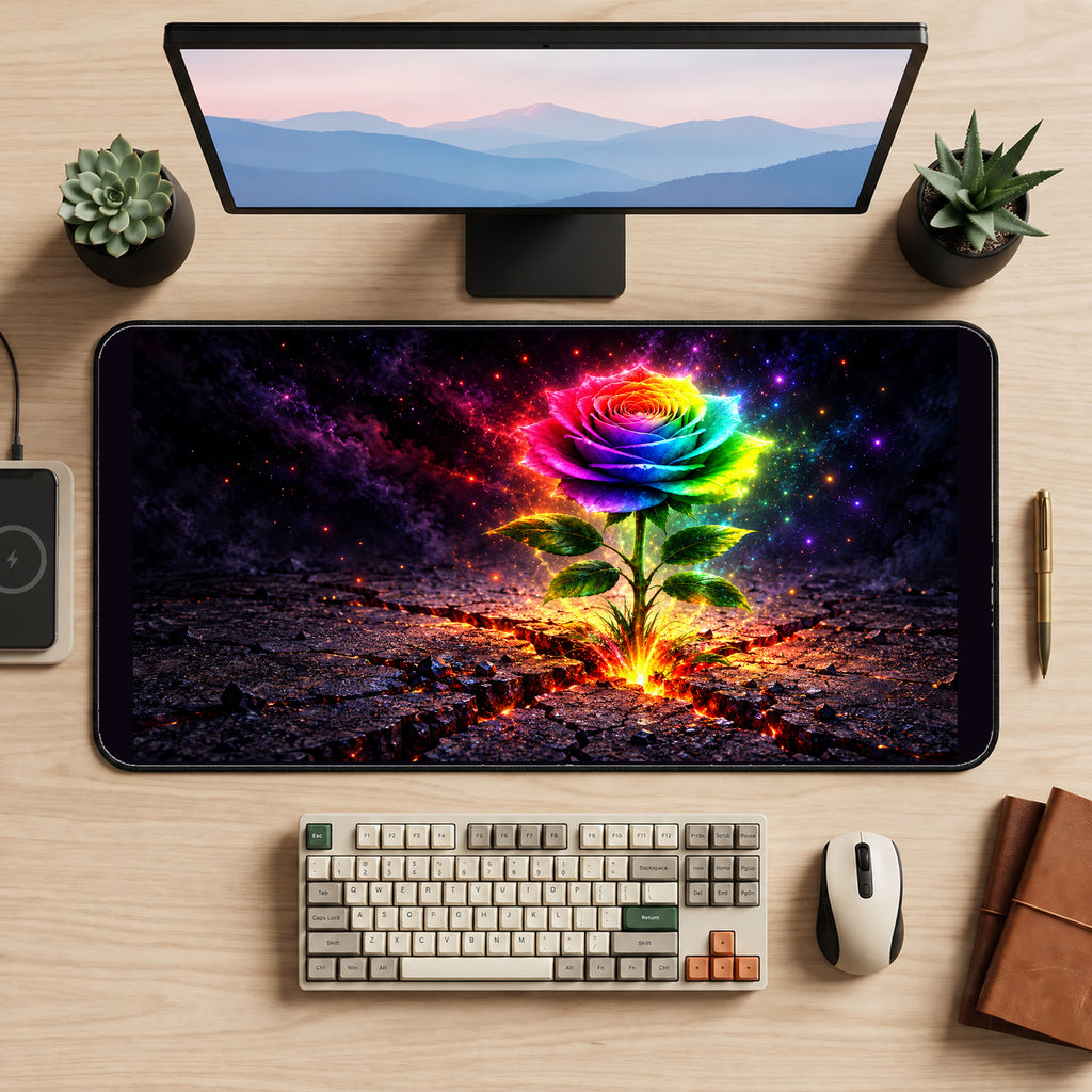 Glowing Rainbow Rose desk mat — product mockup 2