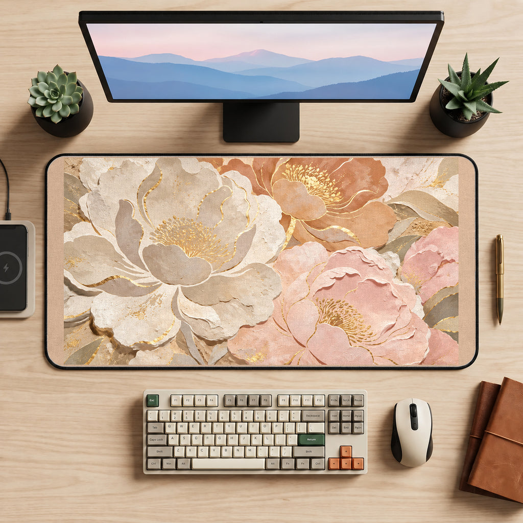 Cream and Blush Peonies desk mat — product mockup 2