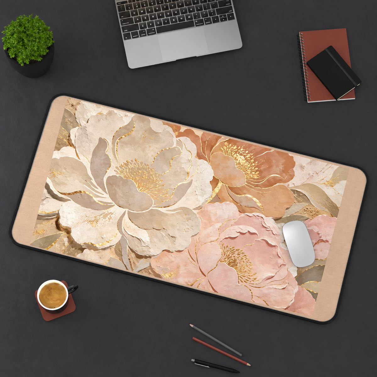 Cream and Blush Peonies desk mat — product mockup 3