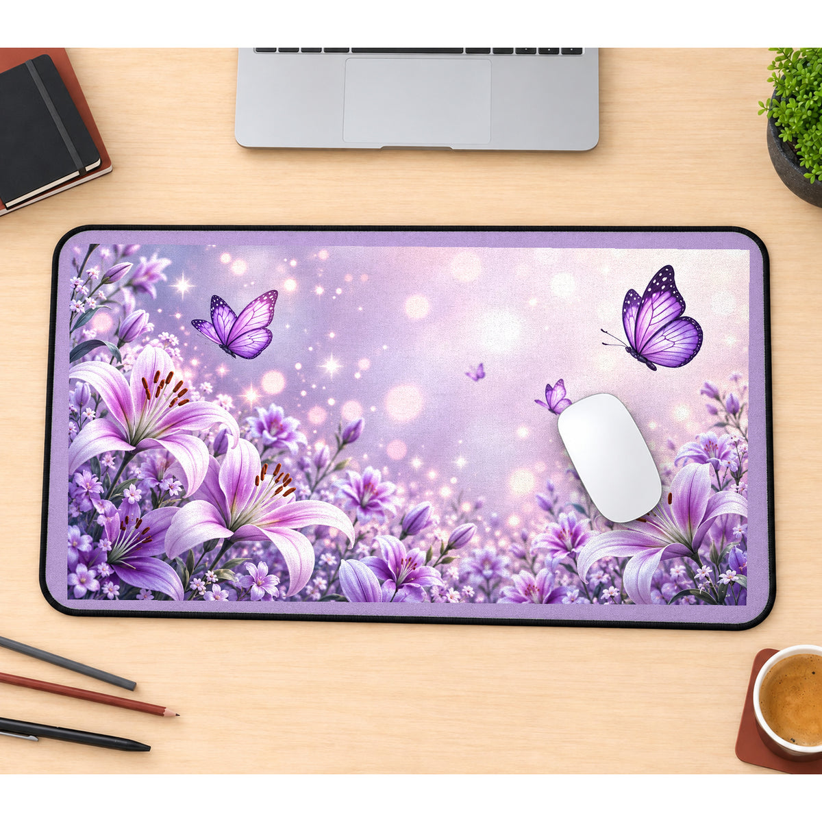 Purple Lilies and Butterflies desk mat — product mockup 1