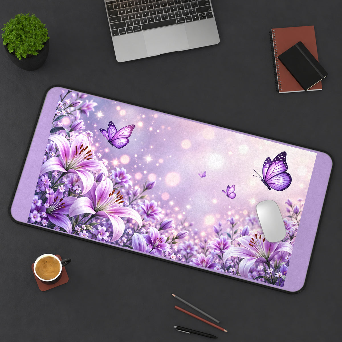 Purple Lilies and Butterflies desk mat — product mockup 3