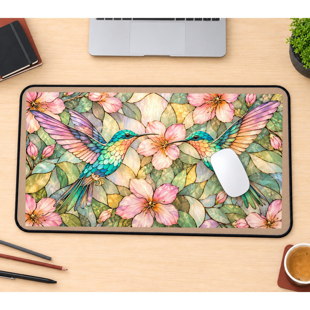 Hummingbirds and Pink Blossoms desk mat — product mockup 1