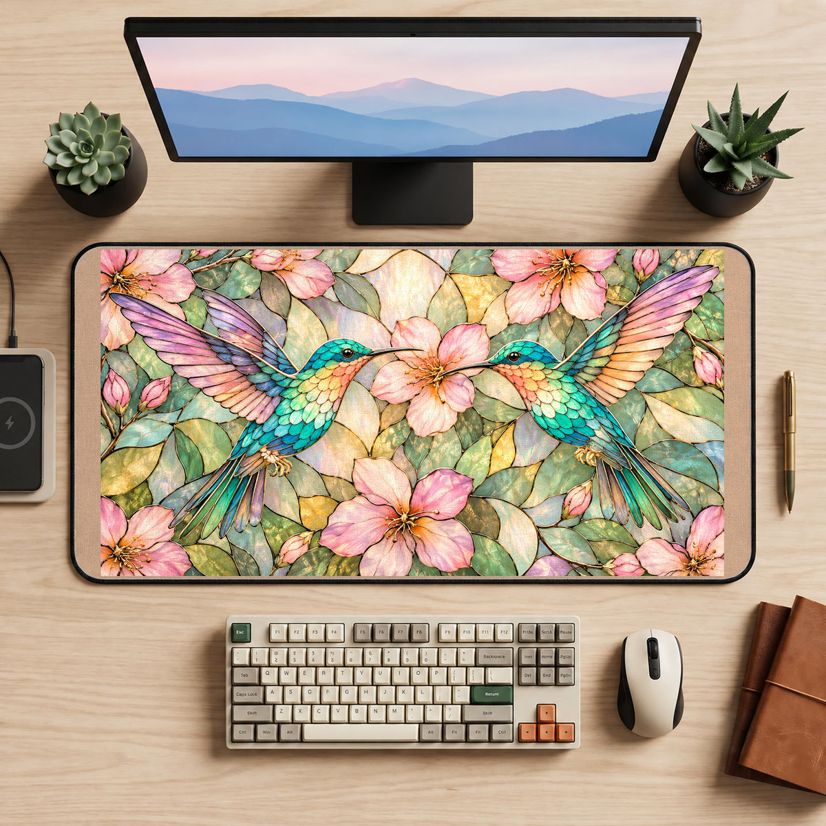 Hummingbirds and Pink Blossoms desk mat — product mockup 2