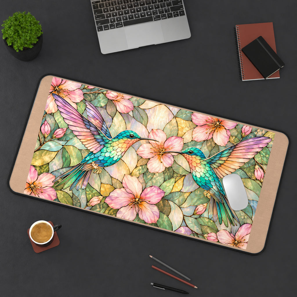 Hummingbirds and Pink Blossoms desk mat — product mockup 3