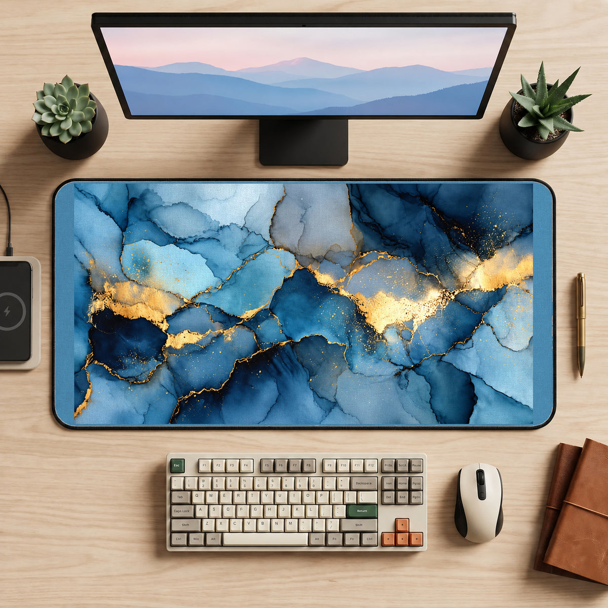 Deep Blue and Gold Marble desk mat — product mockup 2