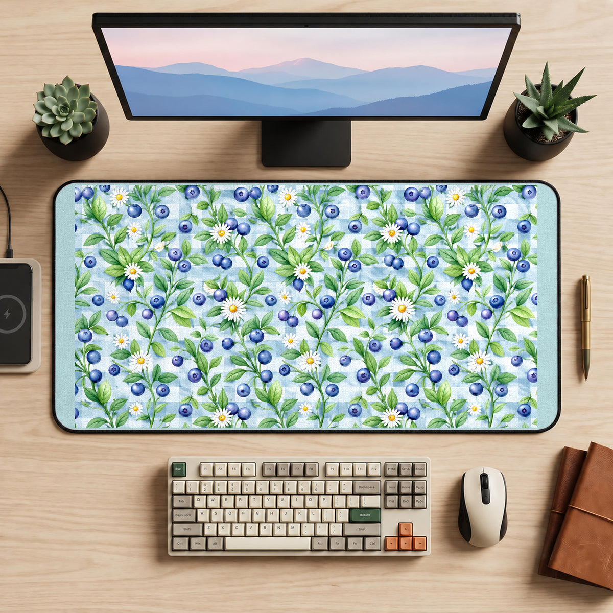 Blueberries and White Daisies desk mat — product mockup 2