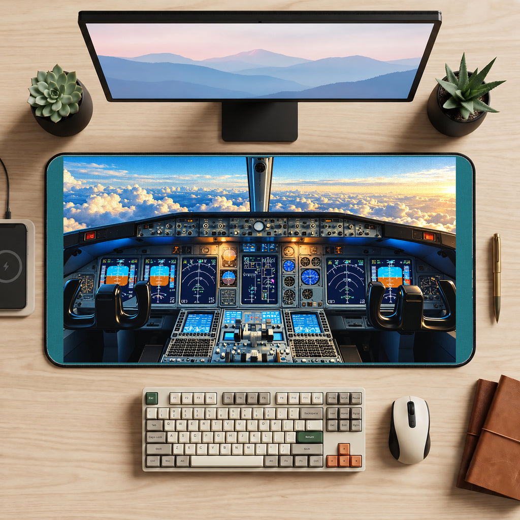 Cockpit Above Golden Clouds desk mat — product mockup 2