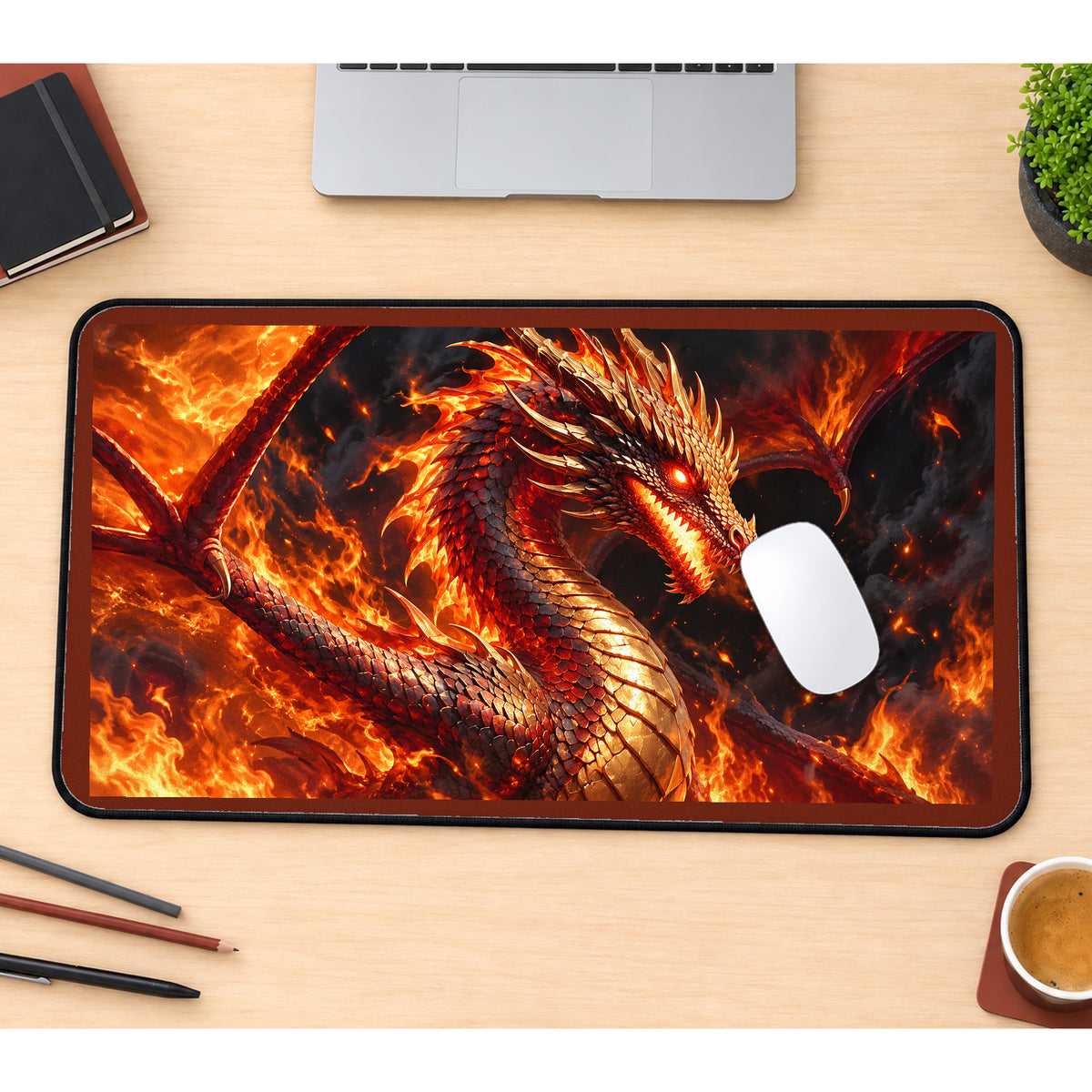 Fire Dragon in Glowing Embers desk mat — product mockup 1