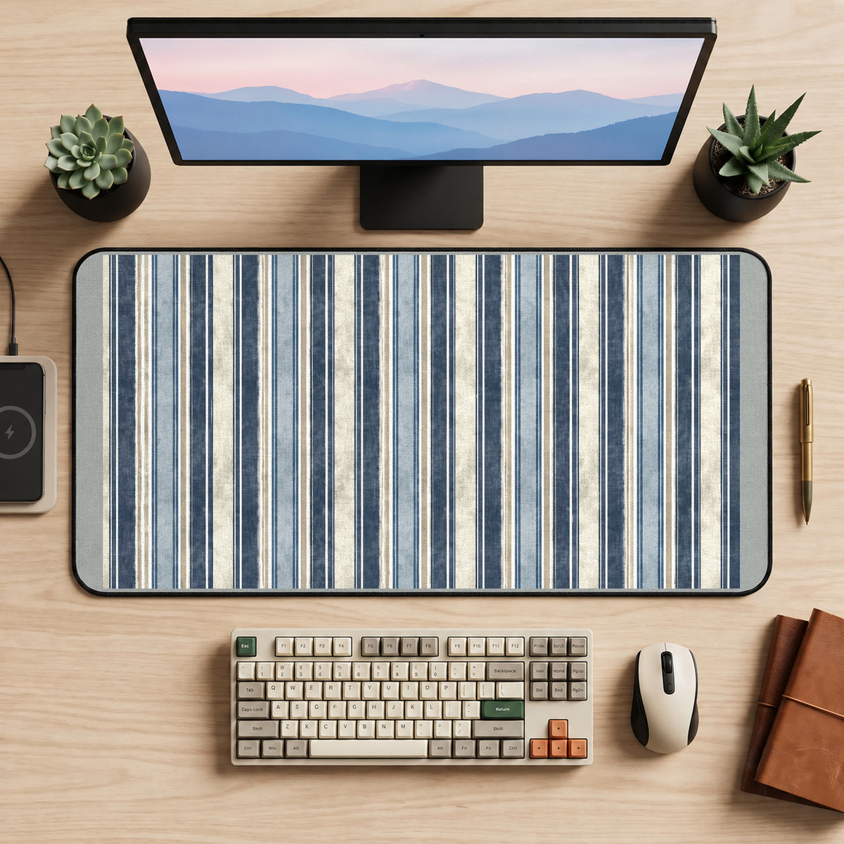 Navy and Cream Ticking Stripes desk mat — product mockup 2