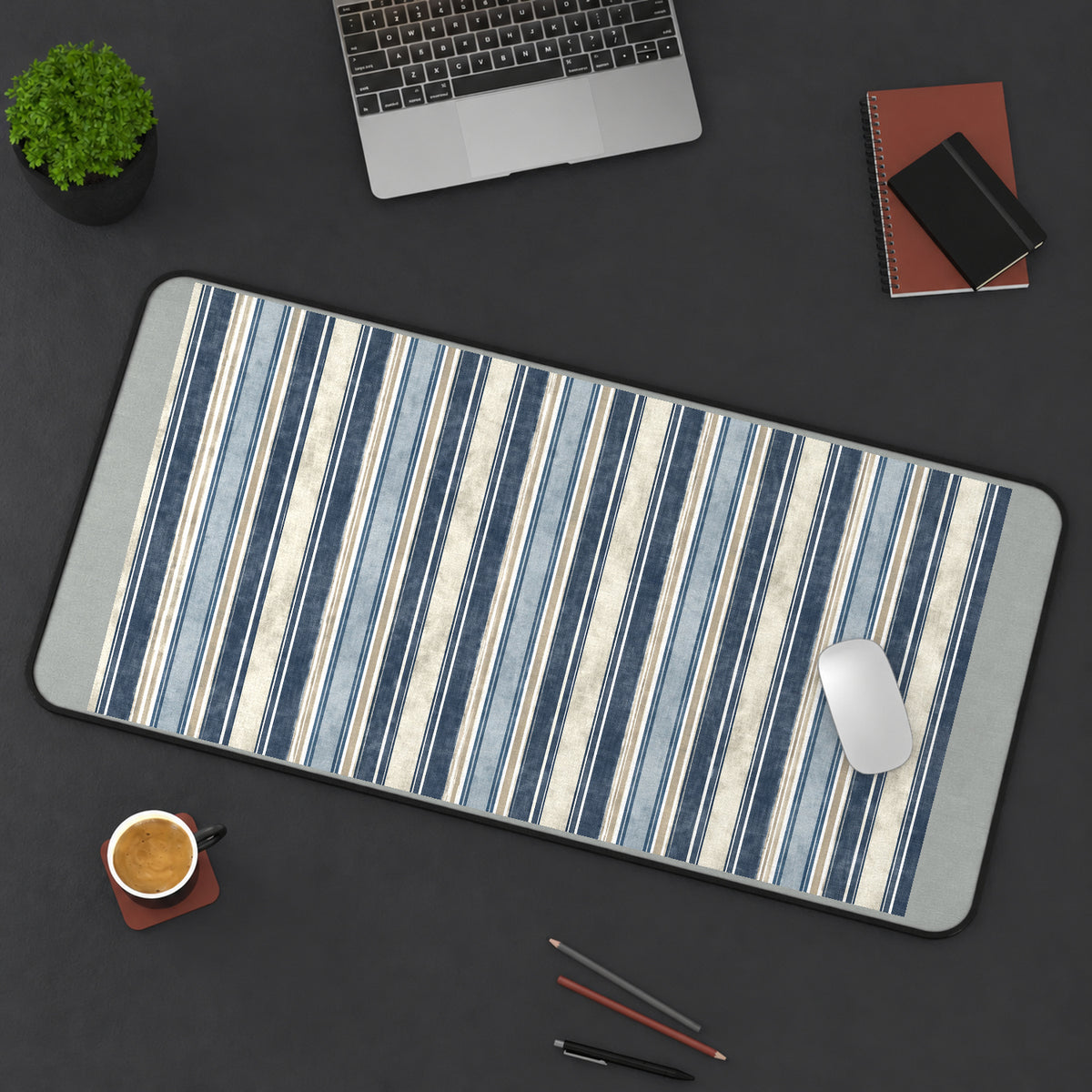 Navy and Cream Ticking Stripes desk mat — product mockup 3
