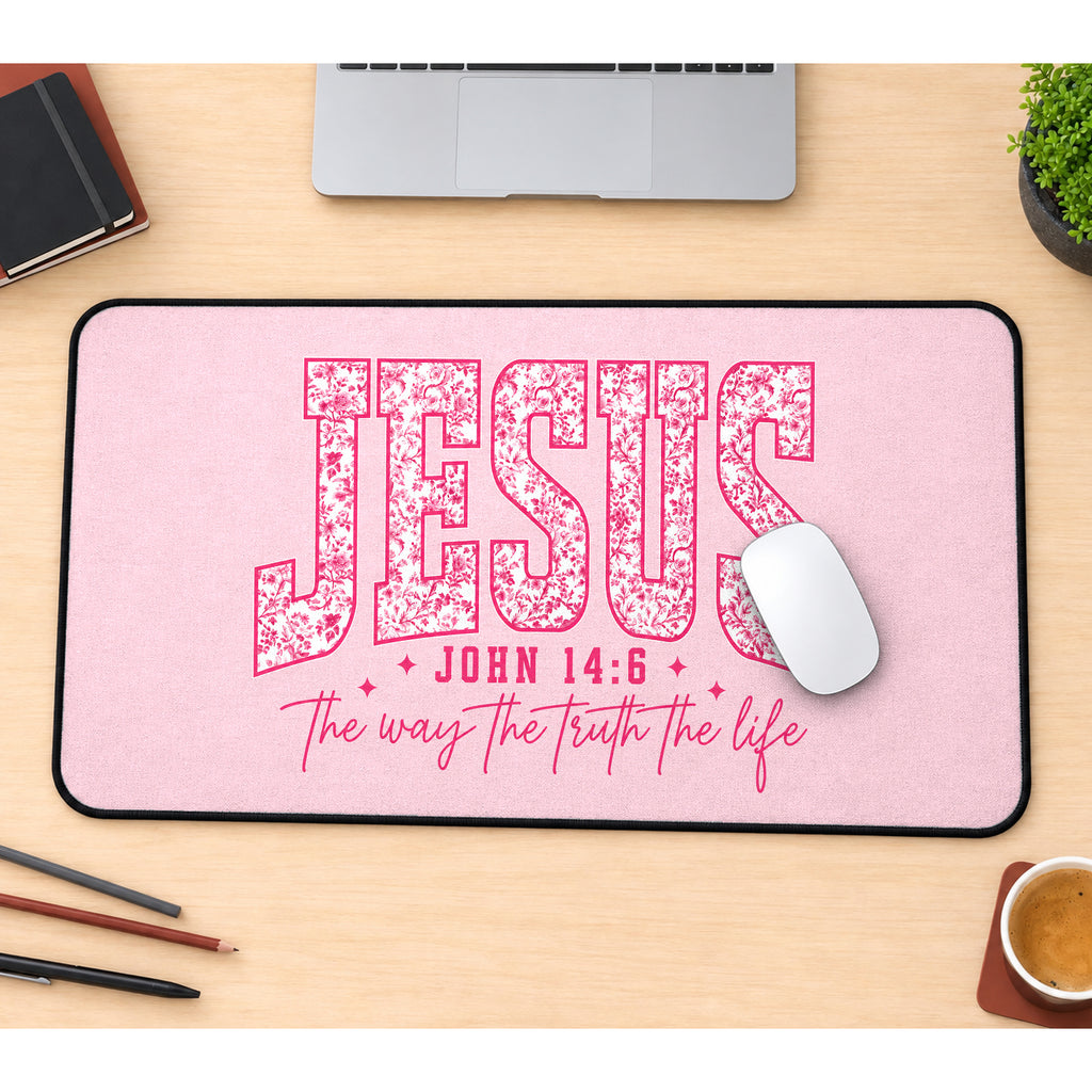 Pink Jesus Scripture Lettering desk mat — product mockup 1
