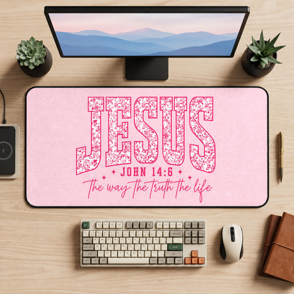 Pink Jesus Scripture Lettering desk mat — product mockup 2