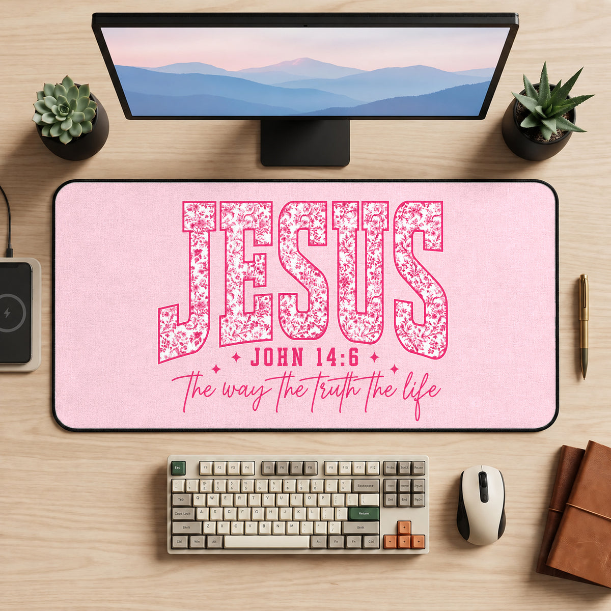 Pink Jesus Scripture Lettering desk mat — product mockup 2