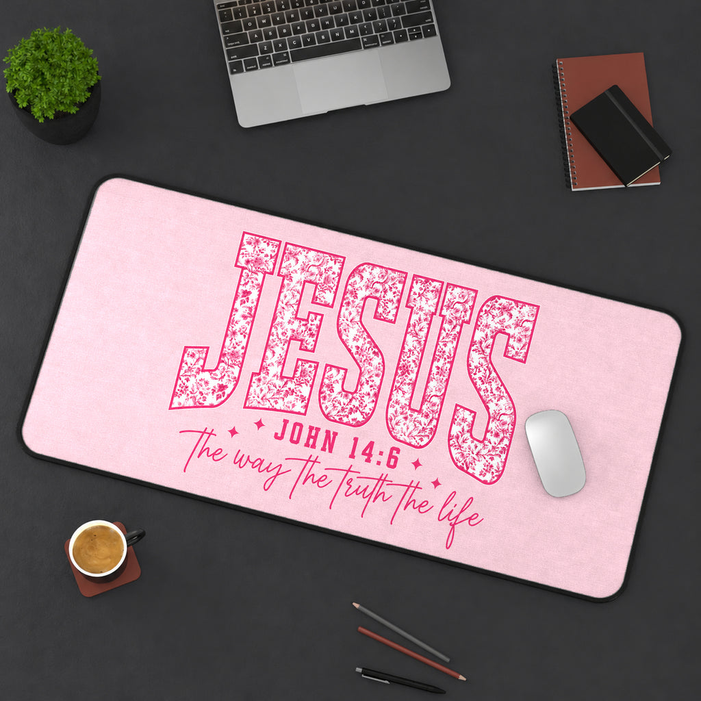 Pink Jesus Scripture Lettering desk mat — product mockup 3