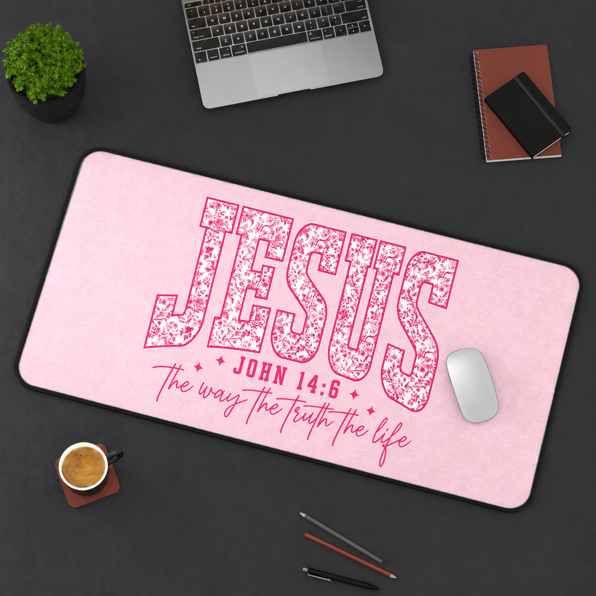 Pink Jesus Scripture Lettering desk mat — product mockup 3