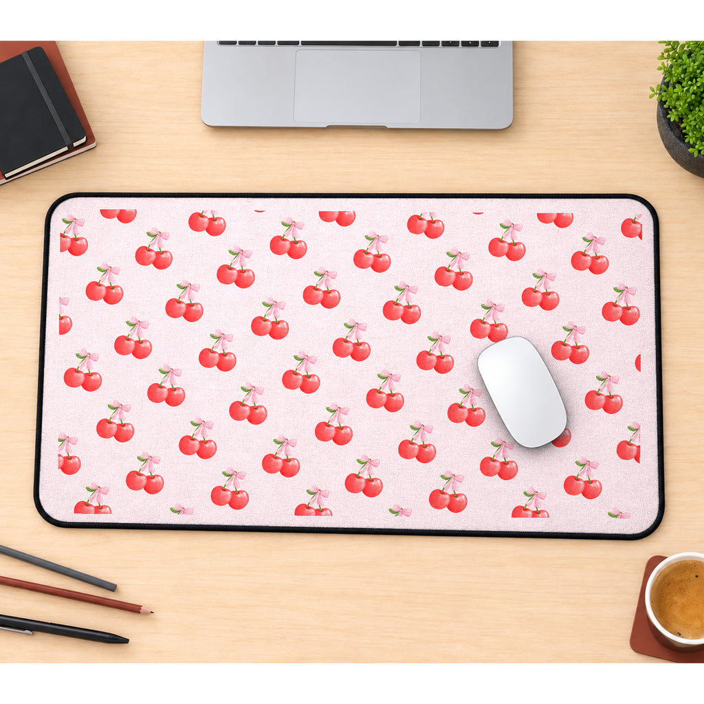 Tiny Cherry Pairs on Pink desk mat — product mockup 1