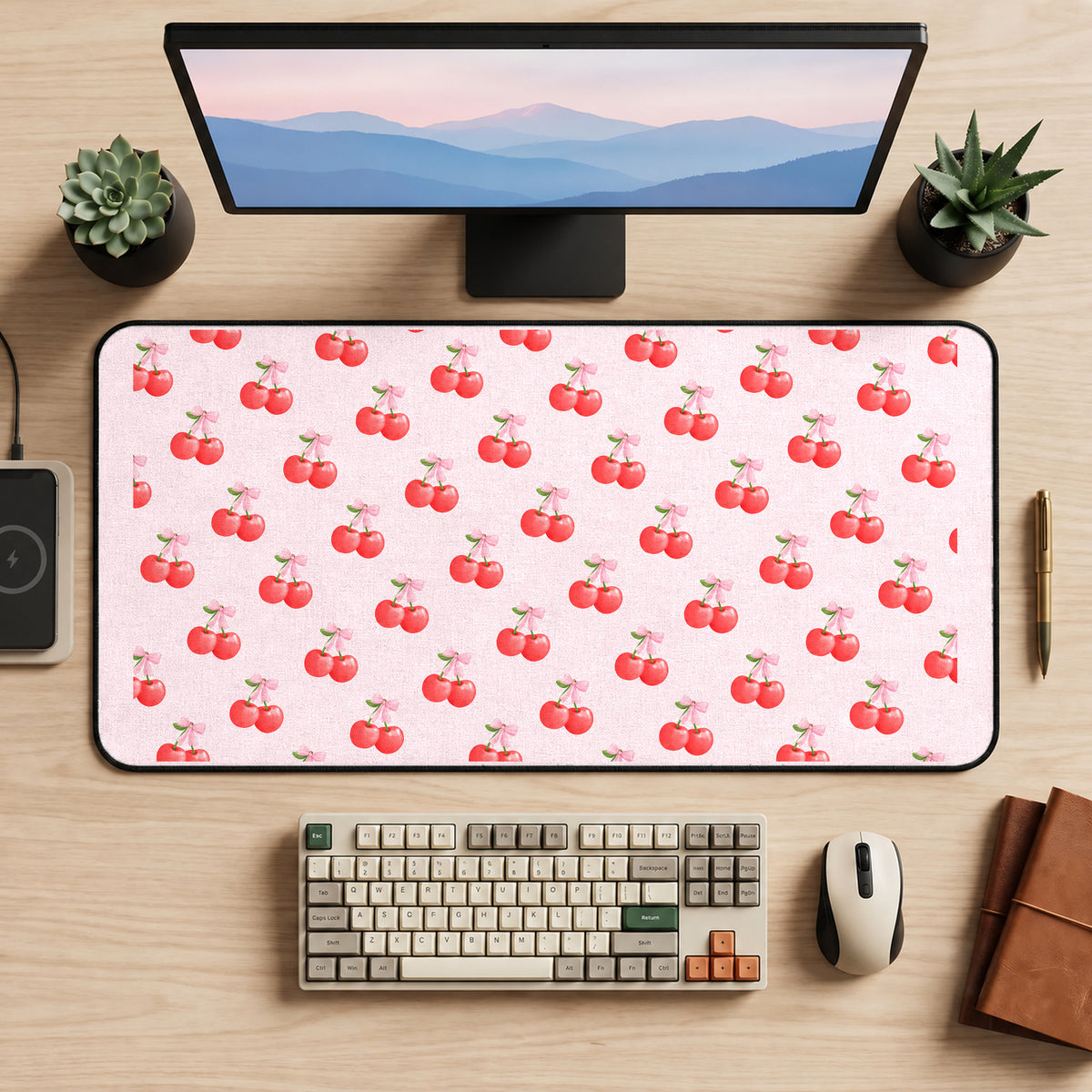 Tiny Cherry Pairs on Pink desk mat — product mockup 2