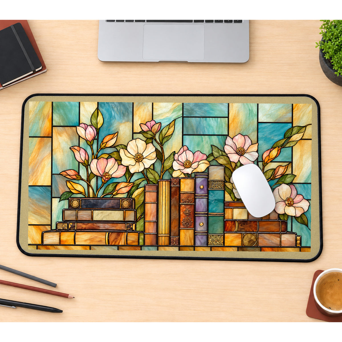 Stained Glass Books and Flowers desk mat — product mockup 1