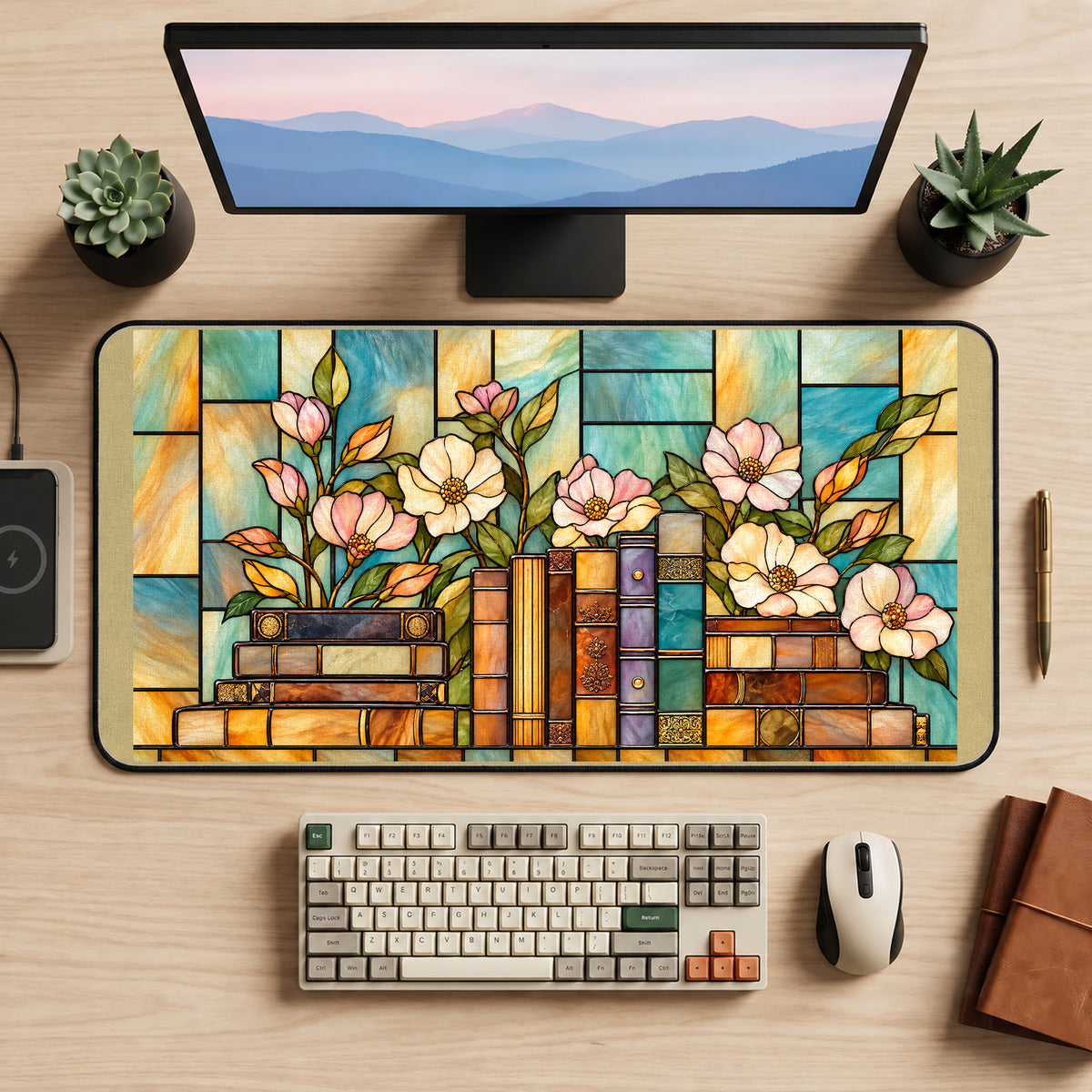 Stained Glass Books and Flowers desk mat — product mockup 2