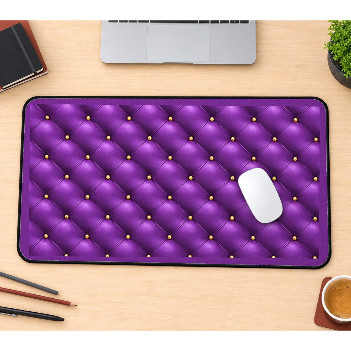 Purple Buttoned Upholstery Pattern desk mat — product mockup 1