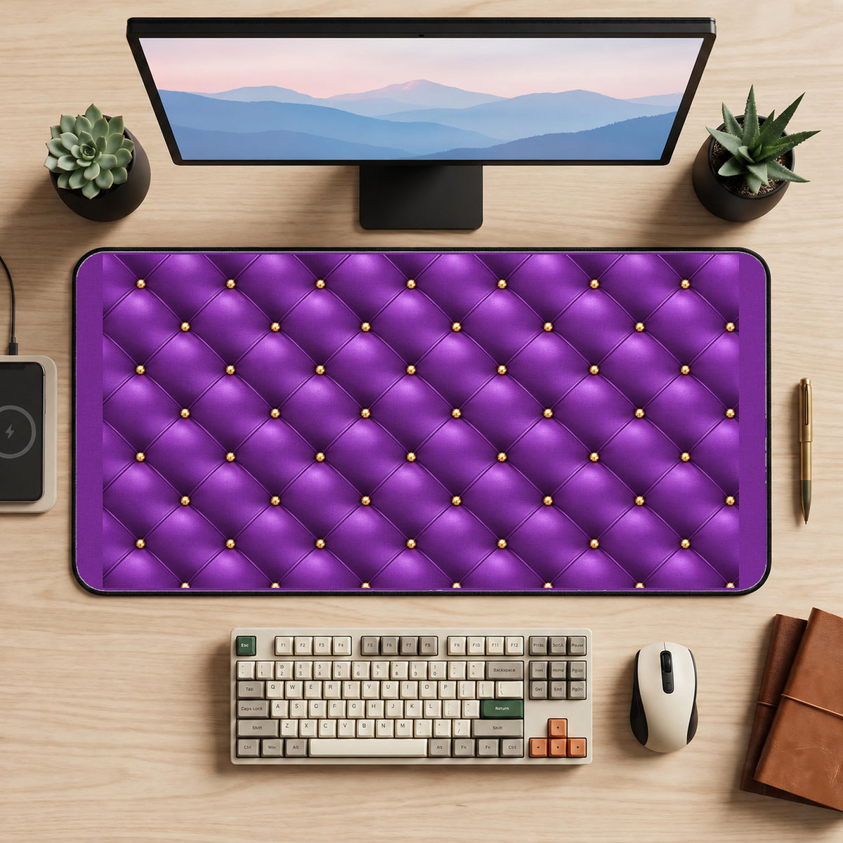 Purple Buttoned Upholstery Pattern desk mat — product mockup 2