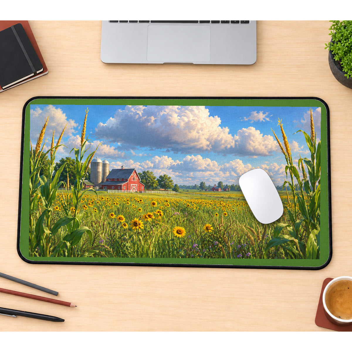 Red Barn and Sunflower Field desk mat — product mockup 1