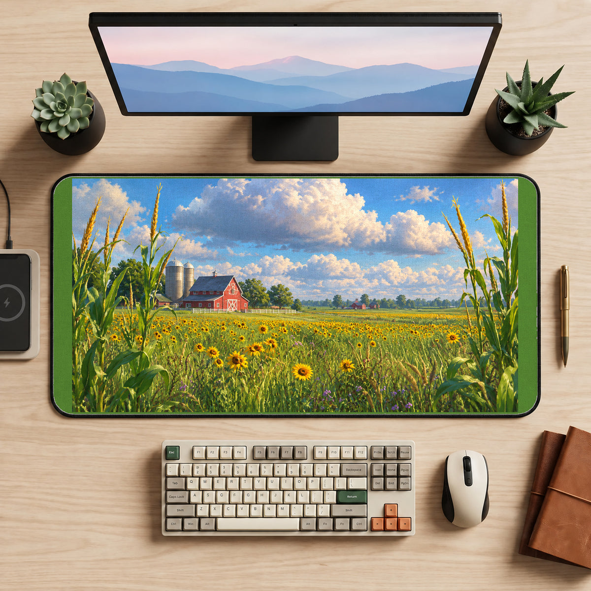 Red Barn and Sunflower Field desk mat — product mockup 2