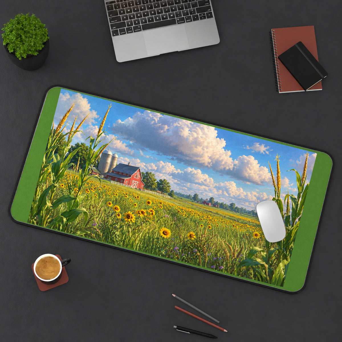 Red Barn and Sunflower Field desk mat — product mockup 3
