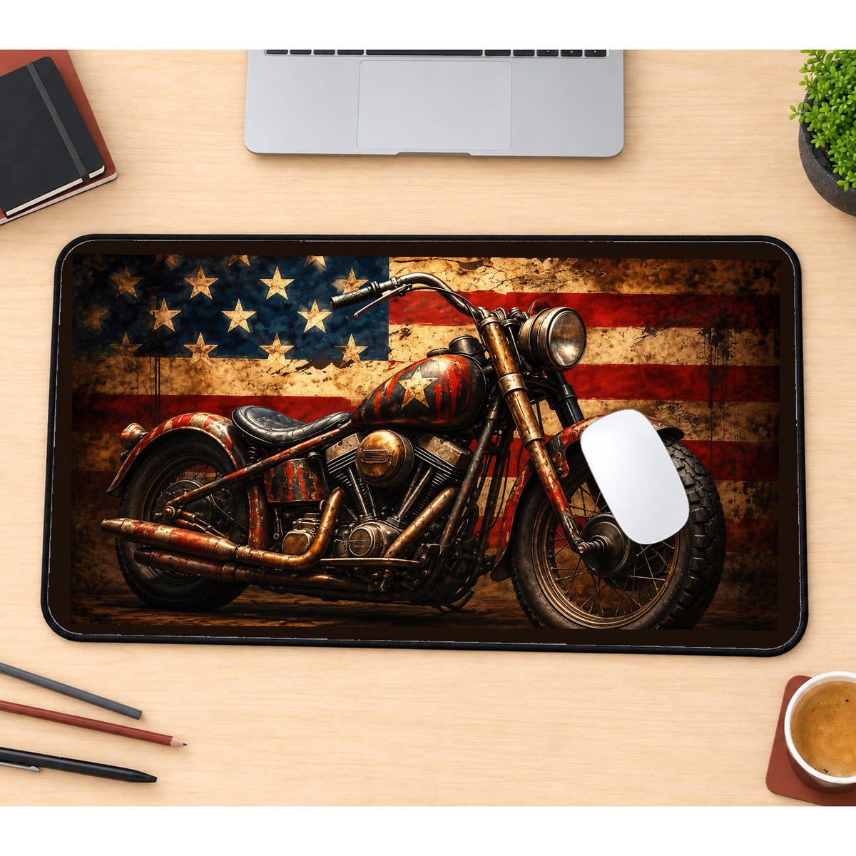 Vintage Motorcycle and Flag desk mat — product mockup 1