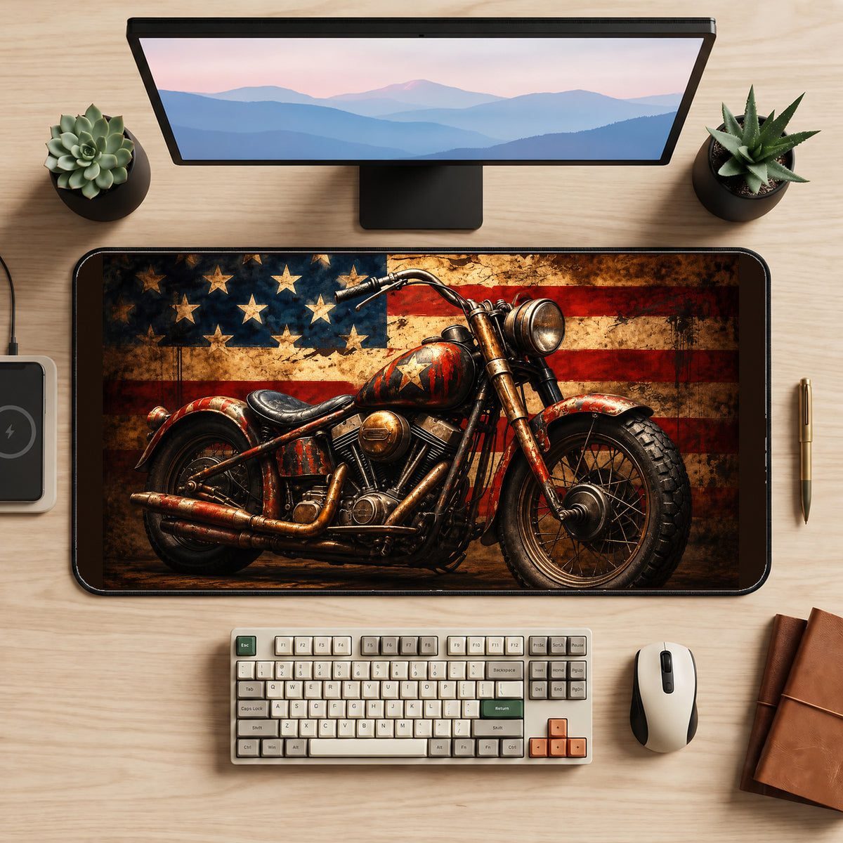 Vintage Motorcycle and Flag desk mat — product mockup 2