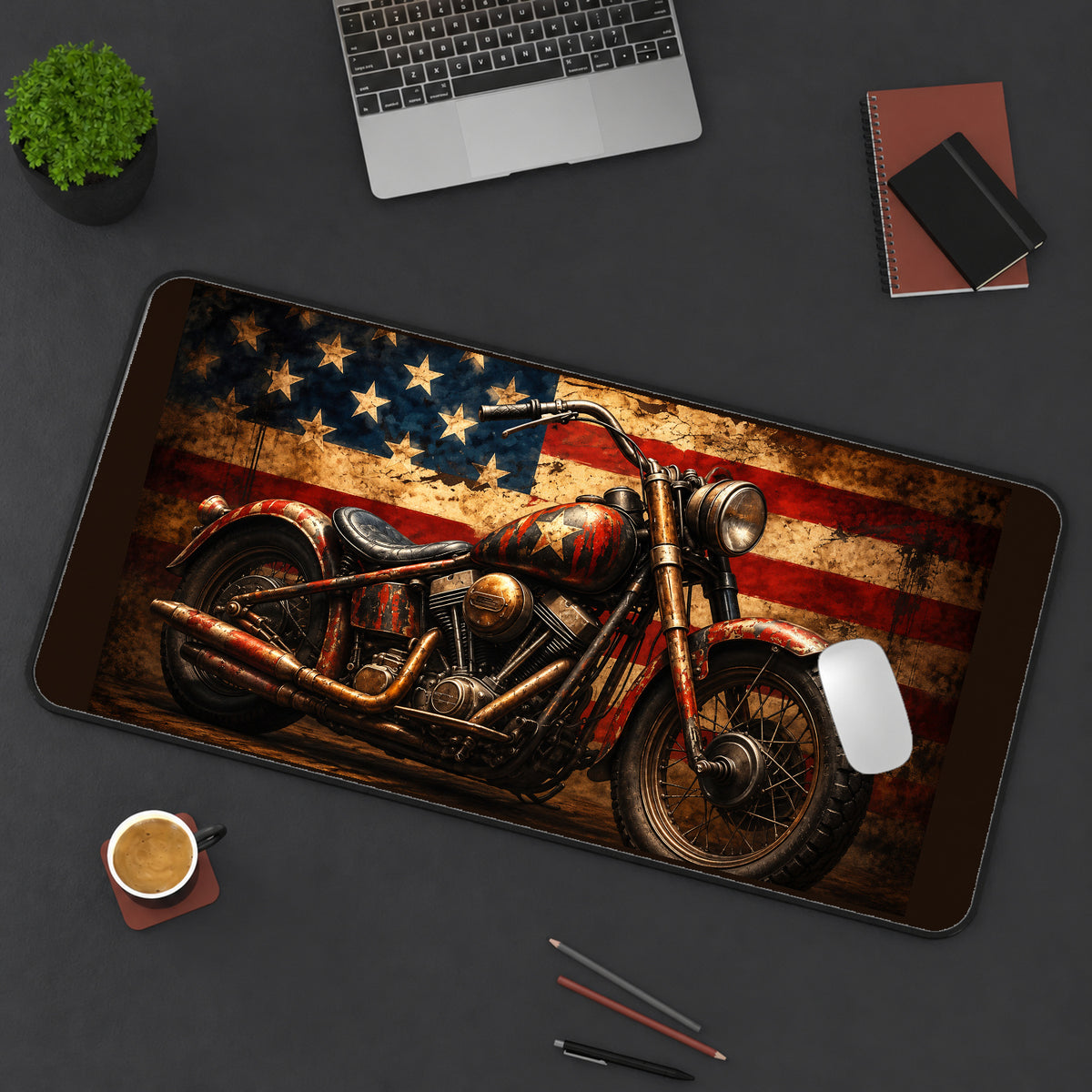 Vintage Motorcycle and Flag desk mat — product mockup 3