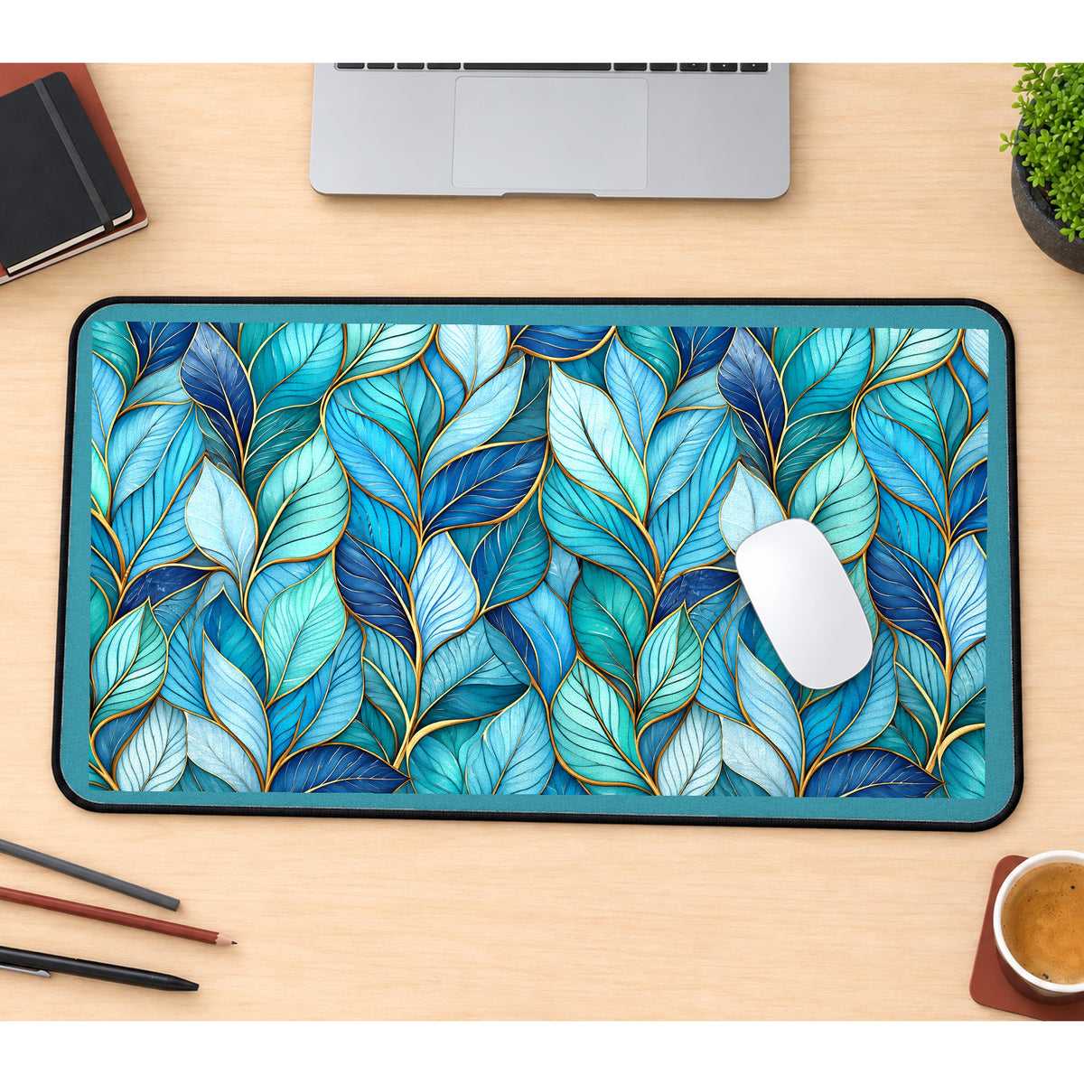 Blue and Teal Glass Leaves desk mat — product mockup 1