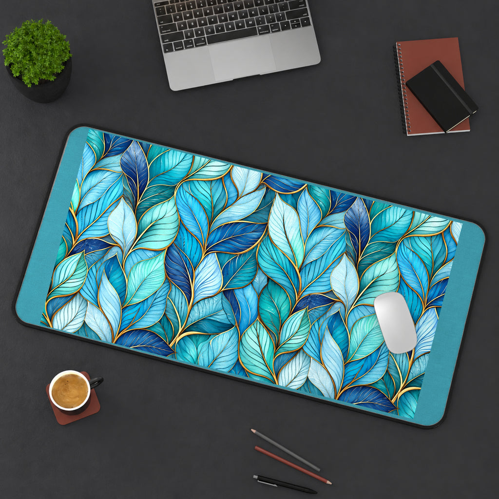 Blue and Teal Glass Leaves desk mat — product mockup 3
