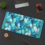 Blue and Teal Glass Leaves desk mat — product mockup 3