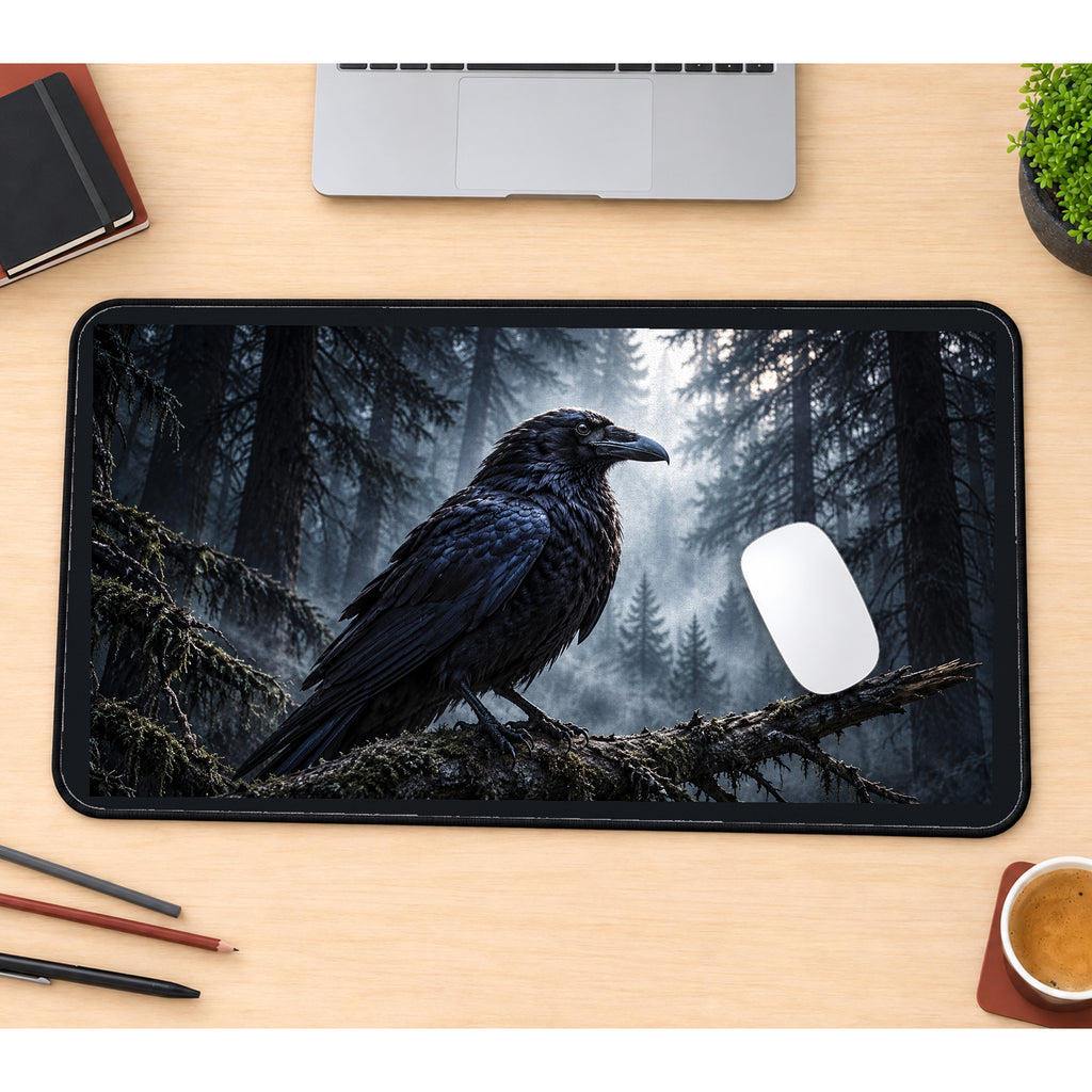 Raven in a Misty Pine Forest desk mat — product mockup 1