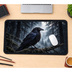 Raven in a Misty Pine Forest desk mat — product mockup 1