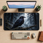 Raven in a Misty Pine Forest desk mat — product mockup 2