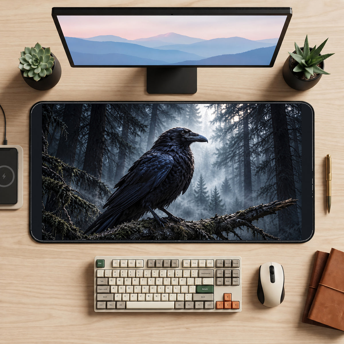 Raven in a Misty Pine Forest desk mat — product mockup 2