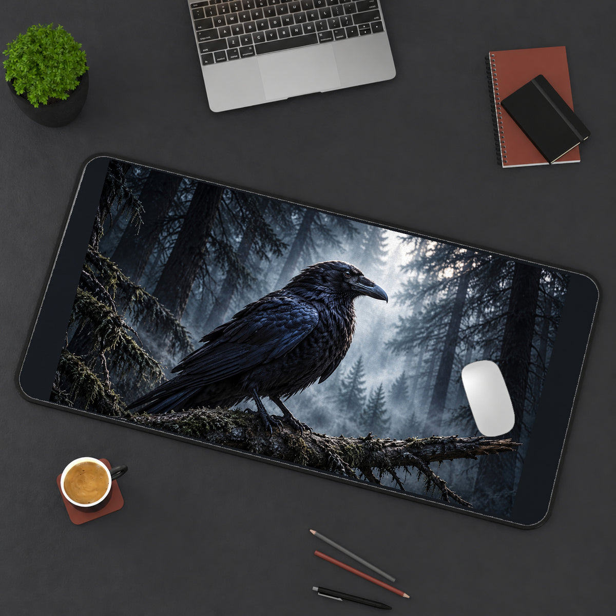 Raven in a Misty Pine Forest desk mat — product mockup 3