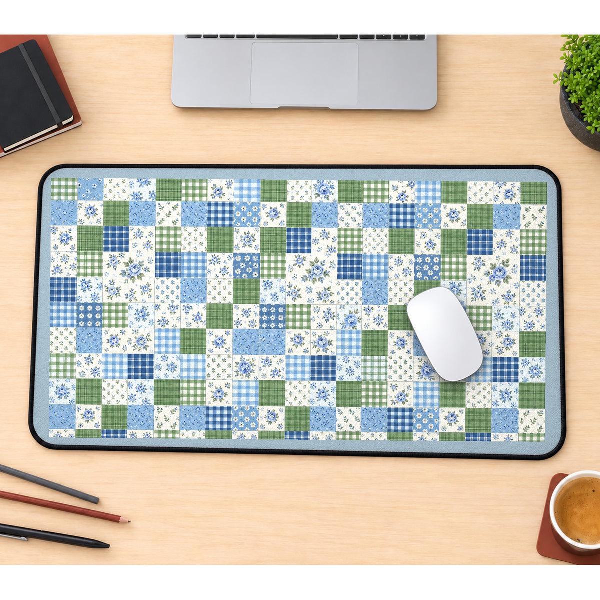 Blue and Green Patchwork Squares desk mat — product mockup 1