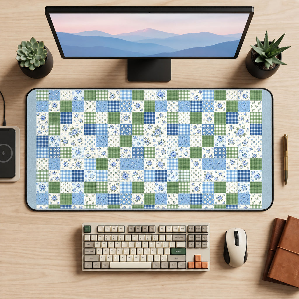 Blue and Green Patchwork Squares desk mat — product mockup 2