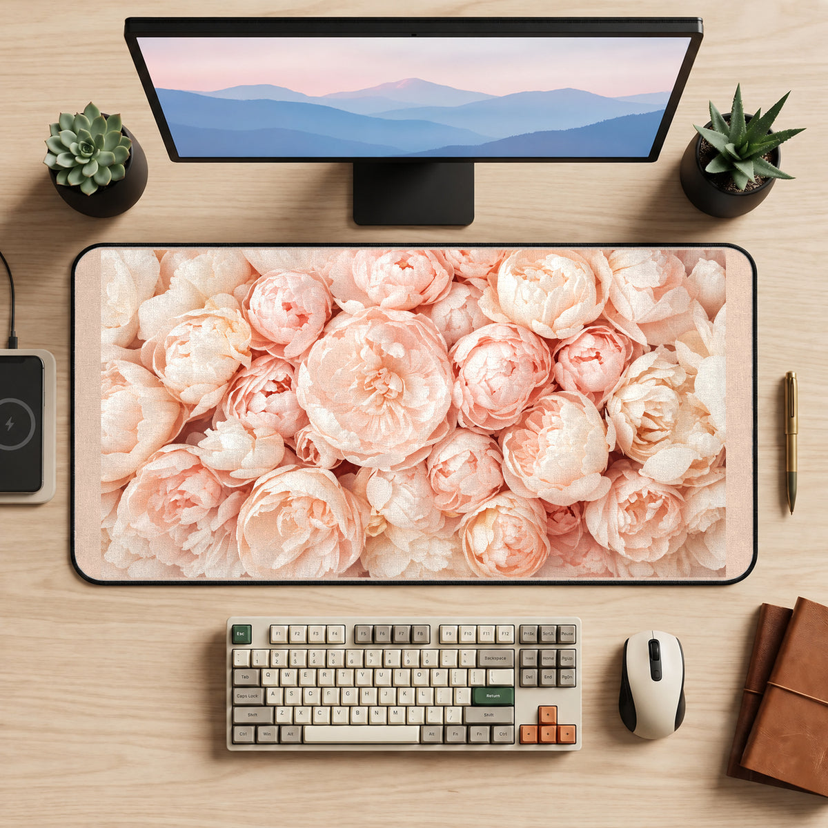 Soft Blush Peony Bouquet desk mat — product mockup 2